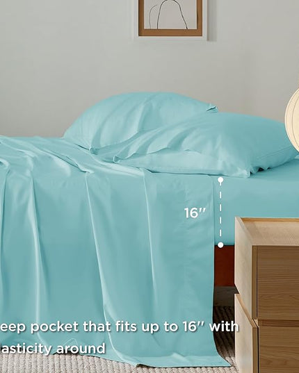 Bedsure Queen Sheets, Rayon Derived from Bamboo, Queen Cooling Sheet Set, Deep Pocket Up to 16", Breathable & Soft Bed Sheets, Hotel Luxury Silky Bedding Sheets & Pillowcases, Blue Tint - LeafyLoom