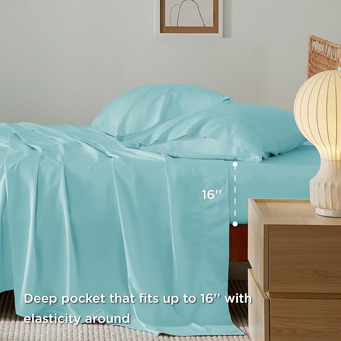 Bedsure Queen Sheets, Rayon Derived from Bamboo, Queen Cooling Sheet Set, Deep Pocket Up to 16", Breathable & Soft Bed Sheets, Hotel Luxury Silky Bedding Sheets & Pillowcases, Blue Tint - LeafyLoom
