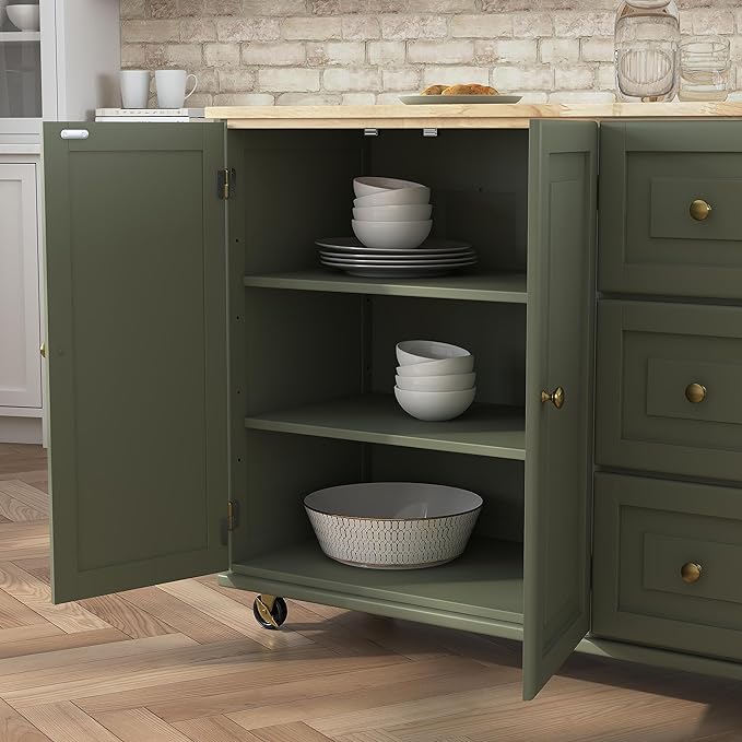 Homestyles Mobile Kitchen Island Cart with Wood Top and Dropleaf Breakfast Bar, 18" D x 53.5" W x 36" H, Green - LeafyLoom