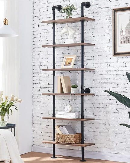 HOMBAZAAR Industrial Bookshelf, 6-Tier Industrial Pipe Bookshelf, Wall Mounted Ladder Shelves with Metal Frame for Home Office, Living Room, Oak Brown - LeafyLoom