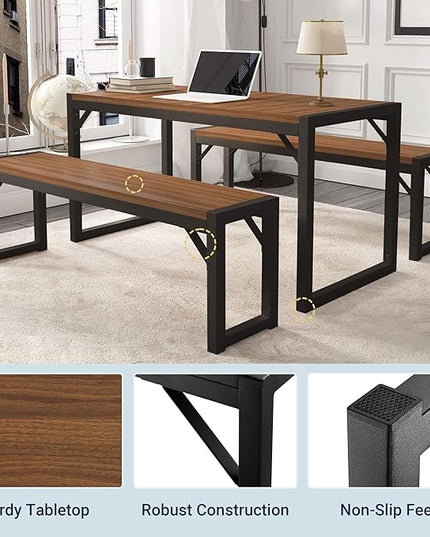 Allewie 3-Piece Kitchen Dining Table Sets with Benches, Sturdy Triangle Structure, Space-Saving, Multifunctional for Dining Room/Living Room/Studio, Dark Brown & Black - LeafyLoom