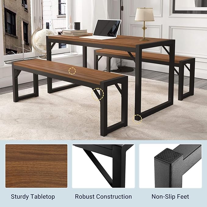 Allewie 3-Piece Kitchen Dining Table Sets with Benches, Sturdy Triangle Structure, Space-Saving, Multifunctional for Dining Room/Living Room/Studio, Dark Brown & Black - LeafyLoom