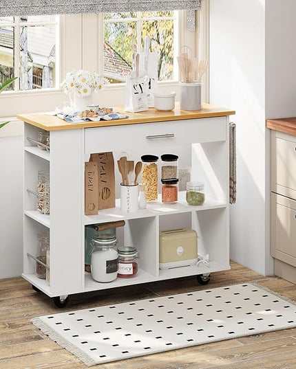 Shintenchi Kitchen Island on Wheels with Large Work Countertop, Storage Island & Cart with 3-Tier Spice Rack, 3 Open Shelves and 1 Drawer, White - LeafyLoom
