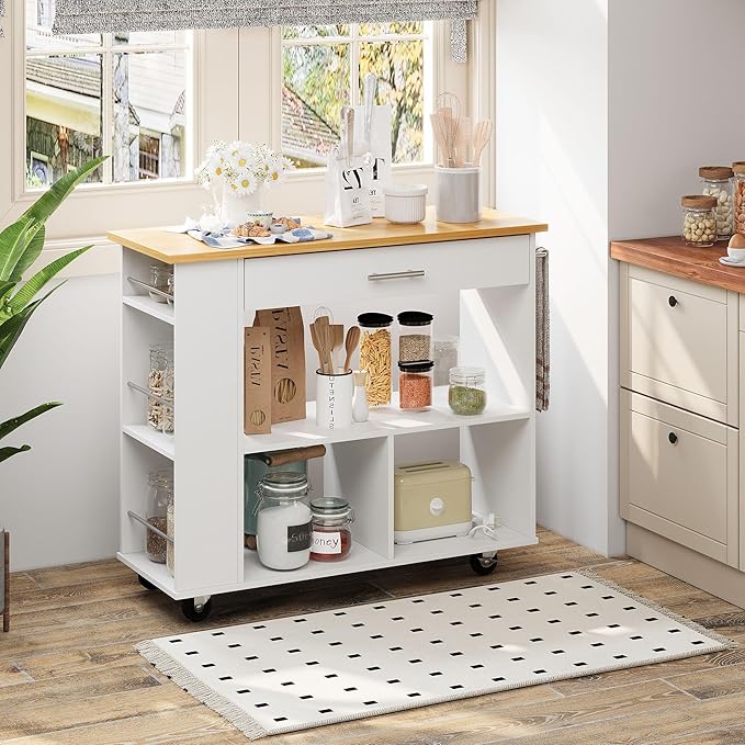 Shintenchi Kitchen Island on Wheels with Large Work Countertop, Storage Island & Cart with 3-Tier Spice Rack, 3 Open Shelves and 1 Drawer, White - LeafyLoom