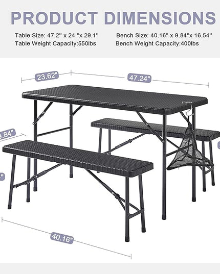 VECELO Dining Table Set for 4, Faux Rattan Card Folding Dinette for Small Space with 2 Benches, Kitchen/Breakfast Nook/Living Room, No Assembly, 3 Piece, Black - LeafyLoom