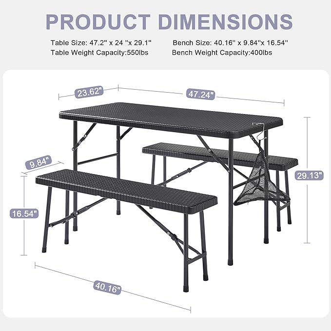 VECELO Dining Table Set for 4, Faux Rattan Card Folding Dinette for Small Space with 2 Benches, Kitchen/Breakfast Nook/Living Room, No Assembly, 3 Piece, Black - LeafyLoom