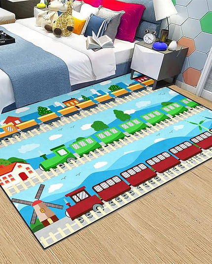 Train Rug Car Rug Play Mat Truck Rugs for Boys Room Kids Car Rug Truck Car Rug Car Carpet for Kids Kids Rugs for Playroom Car Rug for Boys Room,Light Blue 3'×5' - LeafyLoom