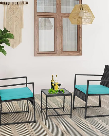FDW 3 Piece Outdoor Bistro Set Patio Furniture Sets Wicker Patio Chairs Rattan Outdoor Furniture for Backyard Porch Poolside Lawn,Blue Cushion - LeafyLoom