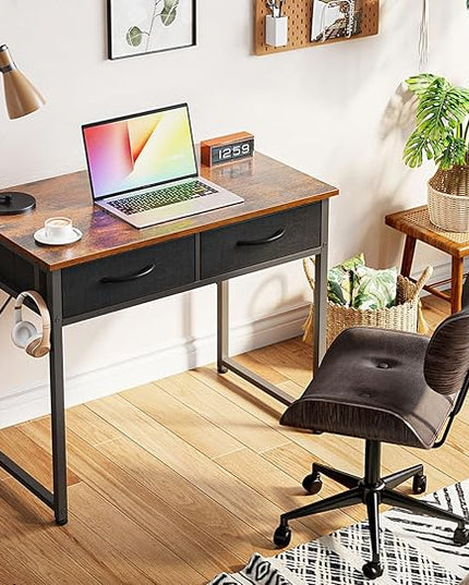ODK Small Desk with Fabric Drawers- for Bedroom, Vanity Desk with Storage, Home Office Computer Desk for Small Spaces, 32 Inch Modern Work Writing Study Table, Vintage - LeafyLoom