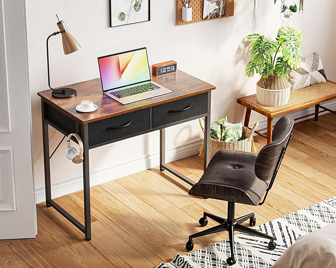 ODK Small Desk with Fabric Drawers- for Bedroom, Vanity Desk with Storage, Home Office Computer Desk for Small Spaces, 32 Inch Modern Work Writing Study Table, Vintage - LeafyLoom