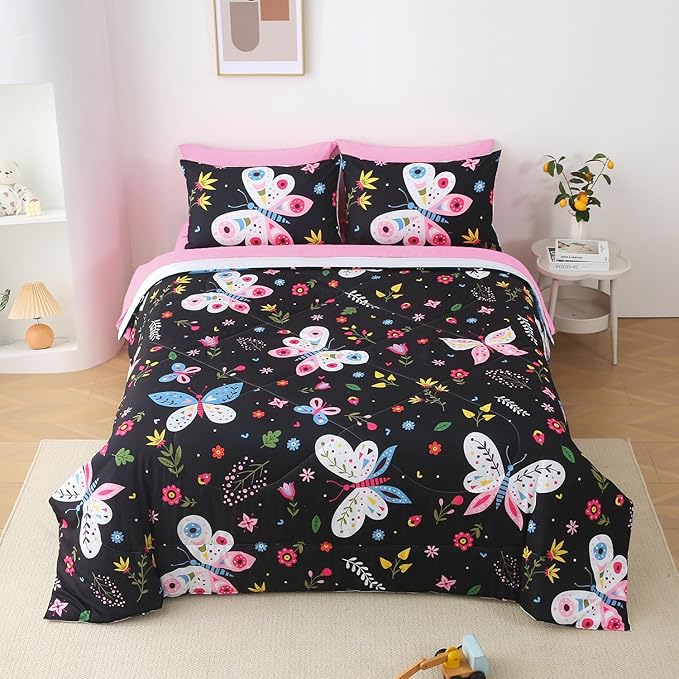 Girls Butterfly Comforter Set Queen Size Black 7 Piece Bed in A Bag Colorful Flowers Leaves Bedding Set for Kids Teens Adults Super Soft All Season - LeafyLoom