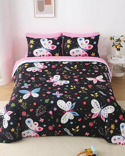 Girls Butterfly Comforter Set Twin Size Black 7 Piece Bed in A Bag Colorful Flowers Leaves Bedding Set for Kids Teens Super Soft All Season - LeafyLoom