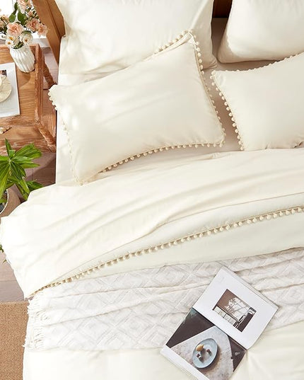 Anluoer Full Comforter Set 7 Piece, Cream Bed in a Bag with Sheets, Pom Pom Boho Bedding Comforter Sets with 1 Comforter, 2 Pillow Shams, 2 Pillowcases, 1 Flat Sheet, 1 Fitted Sheet - LeafyLoom