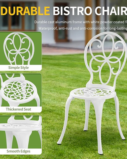 3 Piece Cast Aluminum White Bistro Set Outdoor Bistro Table and Chairs Set of 2,Metal Bistro Patio Table Set with Umbrella Hole,Patio furniture Set for Garden,Front Porch. - LeafyLoom