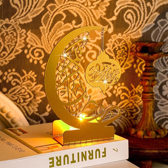 Eid Crafts Night Light 3D Metal Ramadan Eid Mubarak Ornaments Ramadan Decorations Ramadan Table Decor Ramadan Mubarak Light with 2 LED Candles for Home Eid Party Supplies (Classic) - LeafyLoom