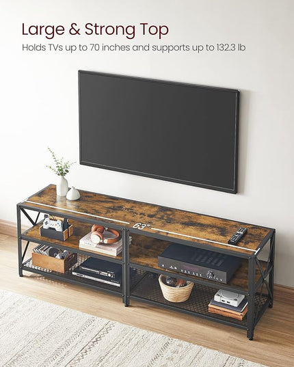 VASAGLE TV Stand, TV Console for TVs Up to 70 Inches, TV Table, 63 Inches Width, TV Cabinet with Storage Shelves, Steel Frame, for Living Room, Bedroom, Rustic Brown and Black ULTV095B01 - LeafyLoom