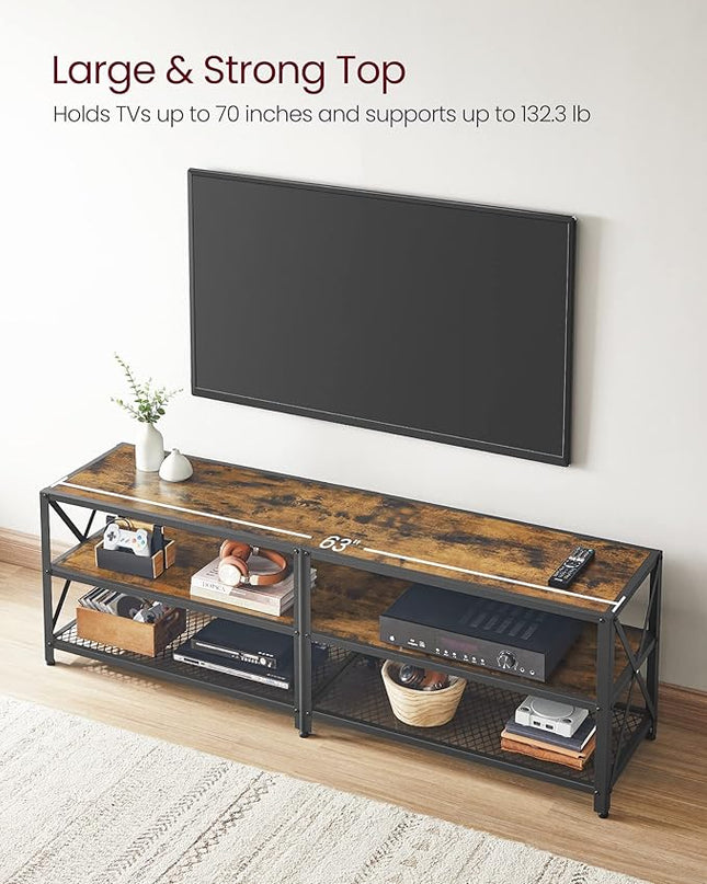 VASAGLE TV Stand, TV Console for TVs Up to 70 Inches, TV Table, 63 Inches Width, TV Cabinet with Storage Shelves, Steel Frame, for Living Room, Bedroom, Rustic Brown and Black ULTV095B01 - LeafyLoom