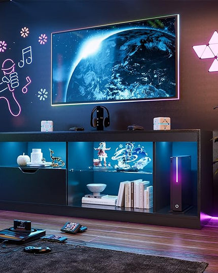 YESHOMY Modern LED TV Stand for Televisions up to 65+ Inch with Glass Shelves and Drawer, Gaming Entertainment Center with Multiple Dynamic RGB Modes, for Livingroom, Bedroom, 55 Inch, Black - LeafyLoom