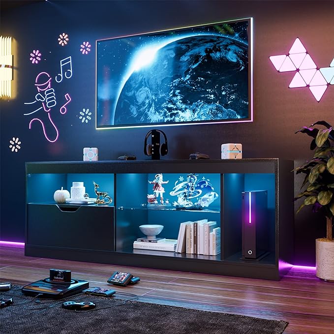 YESHOMY Modern LED TV Stand for Televisions up to 65+ Inch with Glass Shelves and Drawer, Gaming Entertainment Center with Multiple Dynamic RGB Modes, for Livingroom, Bedroom, 55 Inch, Black - LeafyLoom