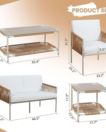 Shintenchi 5 Piece Wicker Outdoor Patio Furniture Set, White Metal Sofa Conversation Set, including Loveseat, Two Single Chairs and Two Coffee Tables for Backyard, Patio, Balcony, Poolside - LeafyLoom