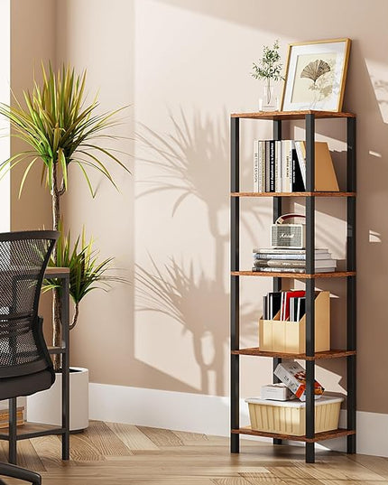 TUTOTAK Bookshelf, 5-Tier Tall Book Shelf, Narrow Bookcase for Small Space, DIY Stackable Bookshelf, for Living Room, Office, Study, Entryway, Industrial, Rustic Brown and Black BS01BB005 - LeafyLoom