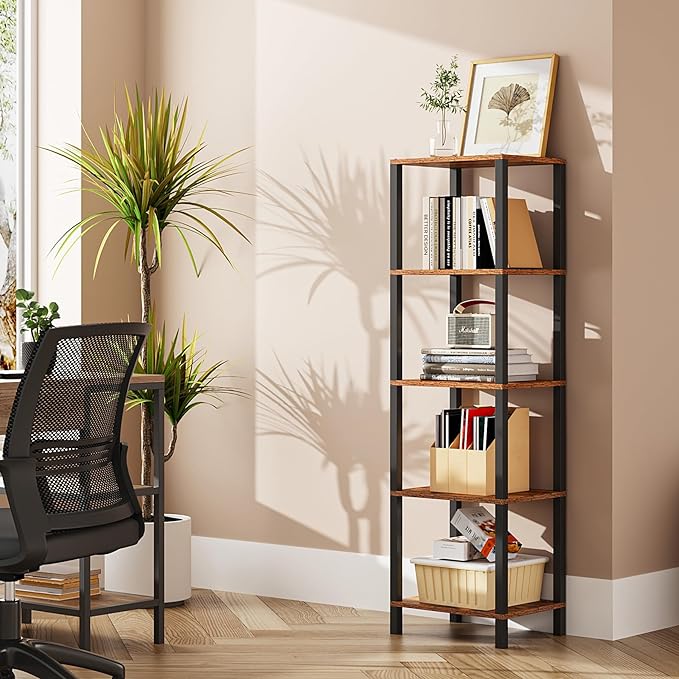 TUTOTAK Bookshelf, 5-Tier Tall Book Shelf, Narrow Bookcase for Small Space, DIY Stackable Bookshelf, for Living Room, Office, Study, Entryway, Industrial, Rustic Brown and Black BS01BB005 - LeafyLoom