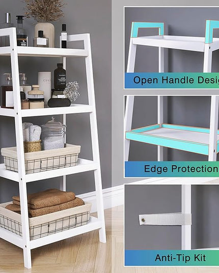 SMIBUY Ladder Shelf, 4 Tier Bamboo Bookshelf, Bathroom Storage Organizer Plant Display Stand, Freestanding Open Shelving Unit with Handles for Home Office (White) - LeafyLoom