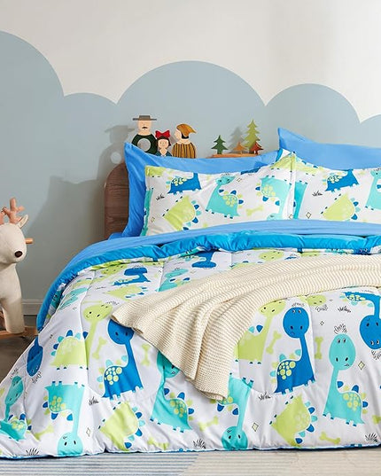 SLEEP ZONE Kids Twin Bedding Comforter Set - Super Cute & Soft Kids Bedding 5 Pieces Set with Comforter, Sheet, Pillowcase & Sham (Cute Dino) - LeafyLoom