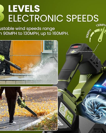 Leaf Blower Cordless, 580CFM/160MPH & 3 Speed Levels, Electric Cordless Leaf Blower with 2 * 4.0Ah Battery Powered, Blowers for Lawn Care, Blower with Extension Nozzle - LeafyLoom