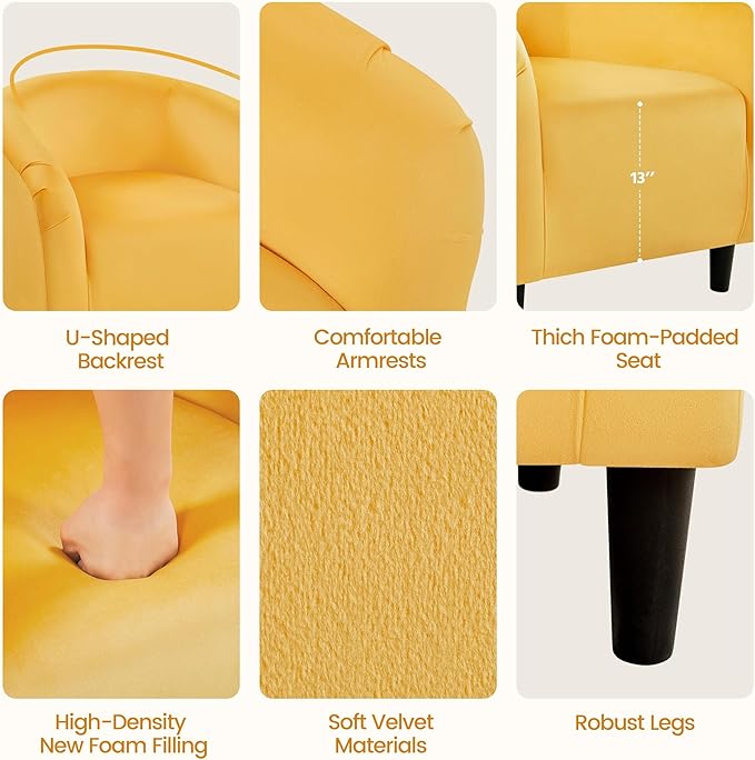 Yaheetech Yellow Chair, Accent Chair for Bedroom, Armchair for Living Room, Velvet Fabric Club Chair with Soft Padded Seat and Sturdy Legs for Bedroom Waiting Room, Yellow - LeafyLoom