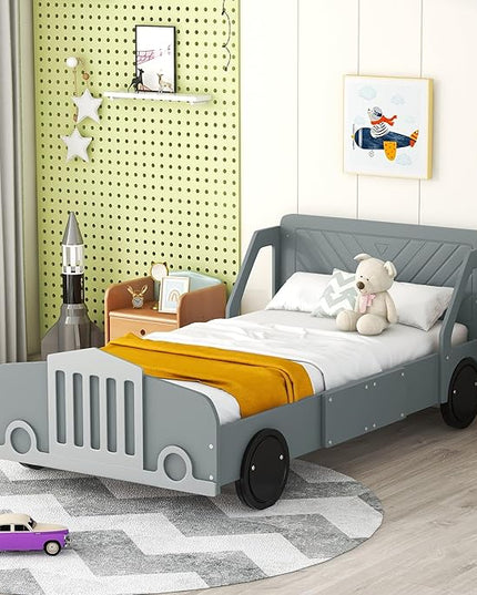Twin Size Car-Shaped Bed Frame for Kids,Wooden Platform Bed with Wheels and Side Rails for for Boys Girls,Wood Slat Supports,No Box Spring Needed,Gray - LeafyLoom