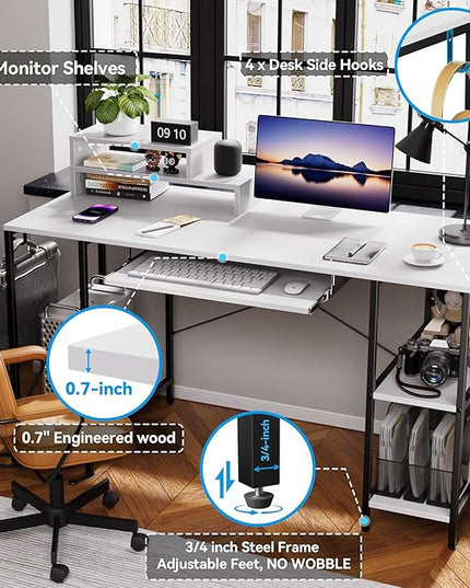 Computer Desk with Keyboard Tray, 55 Inch Music Studio Desk Music Production Desk with Storage Shelves Monitor Stands and 4 Iron Hooks, Desk Workstation Gaming Table for Home Office - LeafyLoom