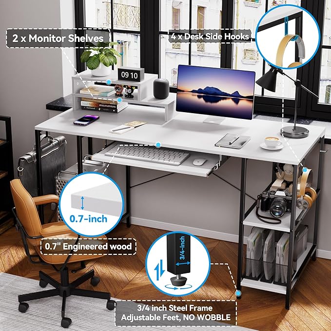 Computer Desk with Keyboard Tray, 55 Inch Music Studio Desk Music Production Desk with Storage Shelves Monitor Stands and 4 Iron Hooks, Desk Workstation Gaming Table for Home Office - LeafyLoom