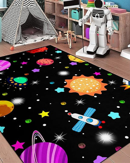 Space Rug - Space Rug for Boys Room Solar System Rug Planet Carpet for Kids Outer Space Area Rug Bedroom Boys Kids Rugs for Playroom Galaxy Rugs for Boys Bedroom,Black,4'×5' - LeafyLoom