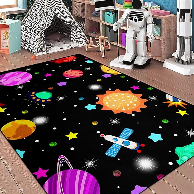 Space Rug - Space Rug for Boys Room Solar System Rug Planet Carpet for Kids Outer Space Area Rug Bedroom Boys Kids Rugs for Playroom Galaxy Rugs for Boys Bedroom,Black,4'×5' - LeafyLoom