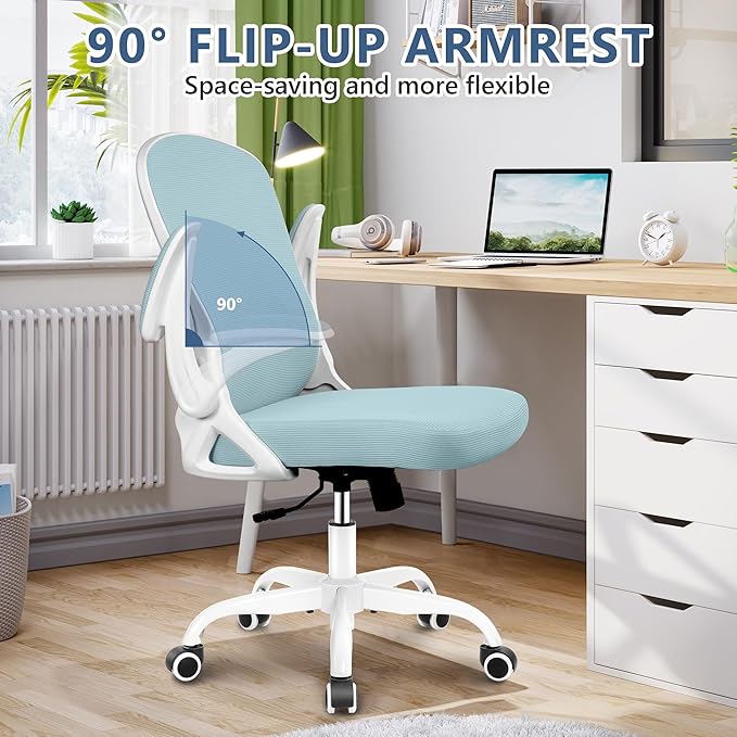 Office Chair Desk Chair, Ergonomic Mesh Computer Chair Home Office Desk Chairs, Swivel Task Chair Mid Back Breathable Rolling Chair with Adjustable Lumbar Support Flip Up Armrest (Light Blue) - LeafyLoom
