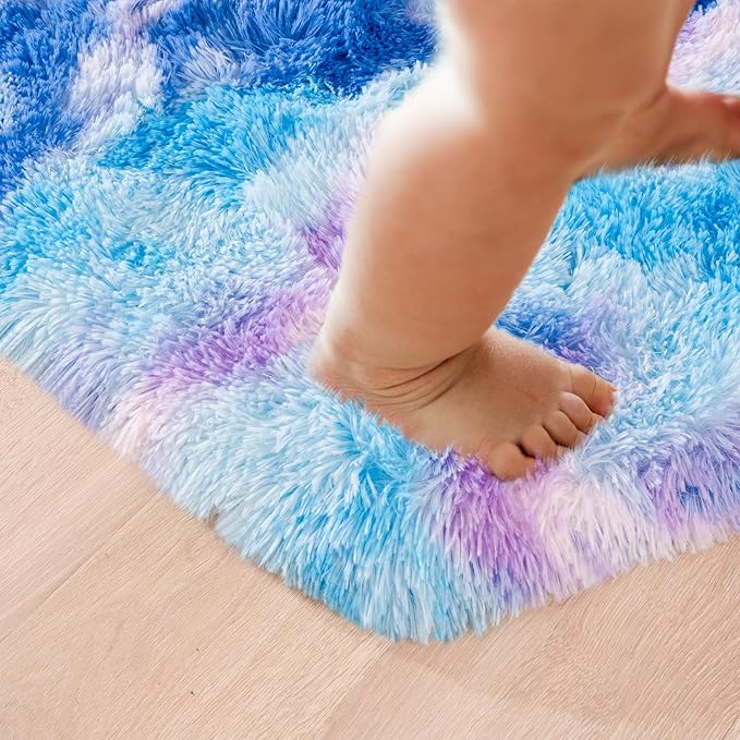 junovo Ultra Soft Hexagon Rug Fluffy Rainbow Nursery Rug for Princess Tent Kids Play Castle, Furry Hexagonal Carpet for Kids Girls Room Playhouse Classroom Dorm Home Decor, 4.6ft Tie-Dye Blue-Purple - LeafyLoom