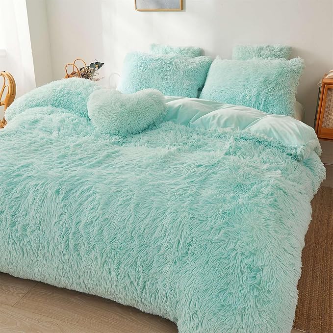 Fluffy mint green comforters Cover twin size - Ultra Soft Plush bedding Sets 2 Pieces (1 faux fur comforter Cover + 1 fuzzy pillow case) girls shaggy green twin bed set (Mint Green, Twin) - LeafyLoom