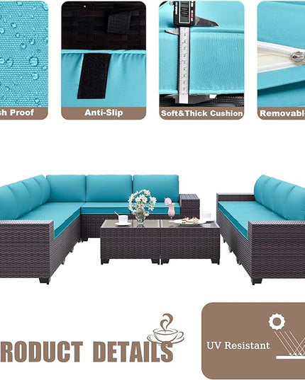 Patio Furniture Set Sofa 12-Pieces Wicker Sectional Sofa Set, Outdoor Furniture Rattan Patio Conversation Set with Thickened Cushions and Glass Coffee Table, Blue - LeafyLoom
