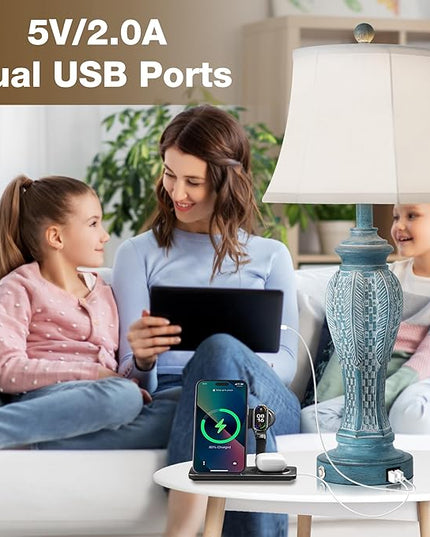 27.5'' Set of 2 Table Lamps for Living Room,Vintage Nightstand Bedside Lamps with 2-USB Charging Ports, Retro 3-Way Dimmable Touch Lamps for Nightstand Bedroom (2 Bulbs Includ Blue Washed) - LeafyLoom