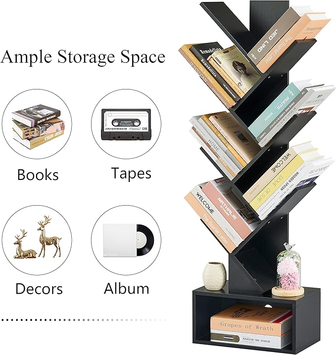 Hoctieon 6 Tier Tree Bookshelf, Tall Bookcase with Drawer, Freestanding Book shelf, Display Floor Standing Storage Shelf, Book Organizer Shelves for Home Office, Living Room, Bedroom, Black - LeafyLoom