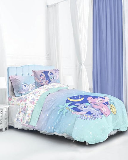 Disney Lilo and Stitch Full Size Comforter Set - 7 Piece Floral Bedding includes Sheet Set & Pillow Covers Features Angel - Super Soft Purple & Teal Stars Kids Bedding - LeafyLoom