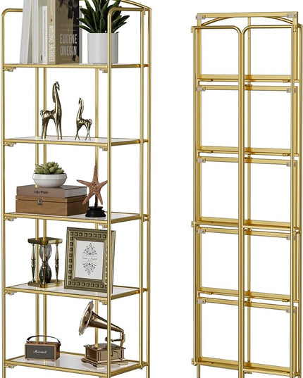 No Assembly Folding Bookshelf, 5 Tier Gold Bookshelf, Metal Book Shelf for Storage, Folding Bookcase for Office Organization and Storage, 12.87" D x 22.91" W x 68.1" H - LeafyLoom