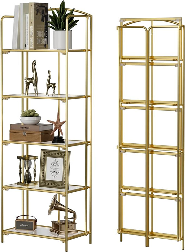 No Assembly Folding Bookshelf, 5 Tier Gold Bookshelf, Metal Book Shelf for Storage, Folding Bookcase for Office Organization and Storage, 12.87" D x 22.91" W x 68.1" H - LeafyLoom
