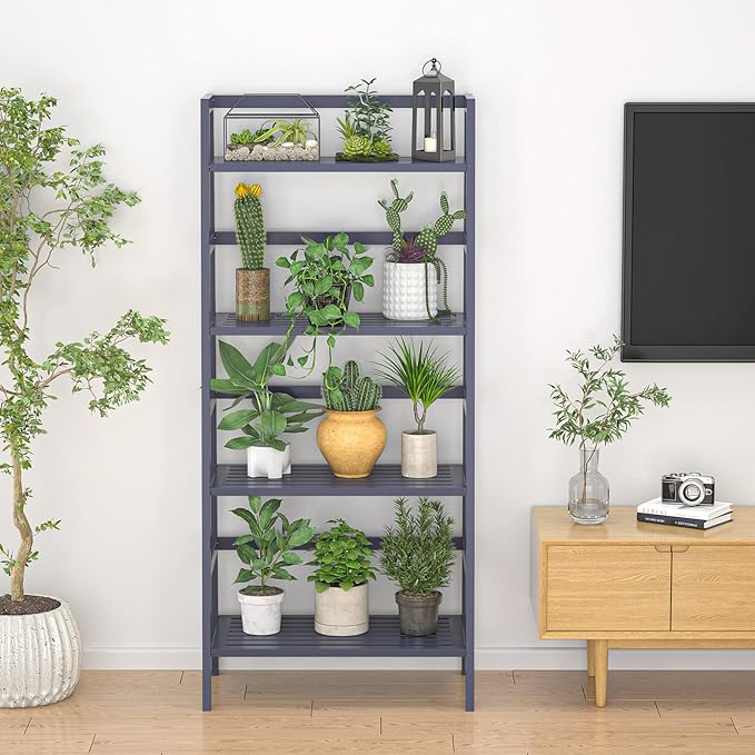 Homykic Bamboo Ladder Shelf 4-Tier Bookshelf, 49.2” Freestanding Open Bookcase Book Shelf Bathroom Storage Shelf Unit Plant Stand for Living Room, Bedroom, Small Space, Home Office, Blue Grey - LeafyLoom