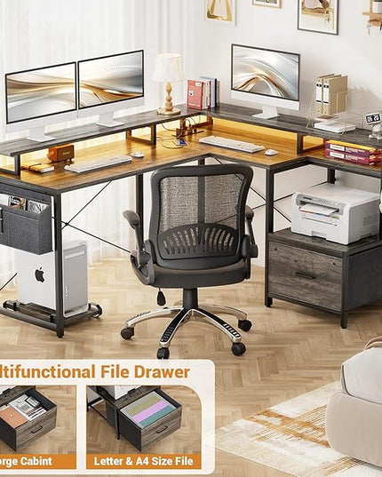 Unikito L Shaped Desk with File Drawer, Reversible L Shaped Computer Desk with Power Outlet & LED Lights, Home Office Desk Corner Desk with Monitor Shelf and Printer Cabinet, Gaming Desk, Black Oak - LeafyLoom