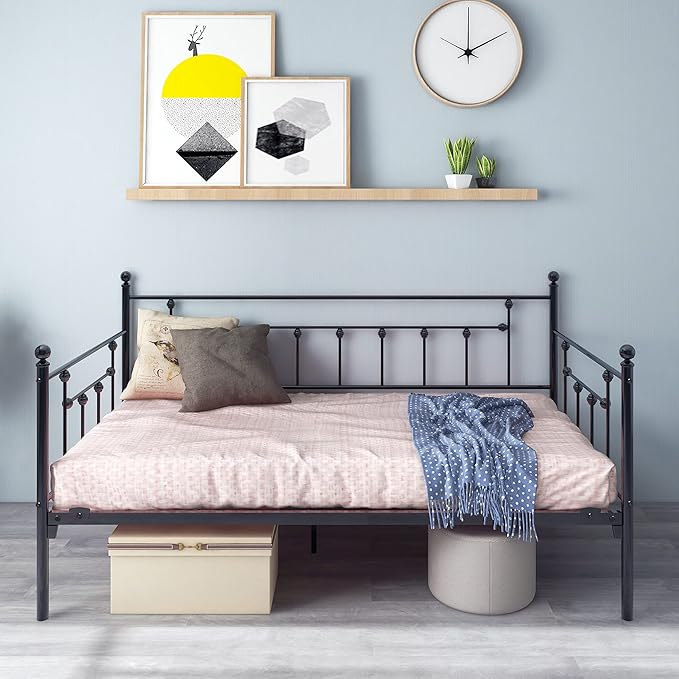 Metal Daybed Frame Twin Metal Slats Platform Base Box Spring Replacement Bed Sofa for Living Room Guest Room (Twin, Black Sanded) - LeafyLoom