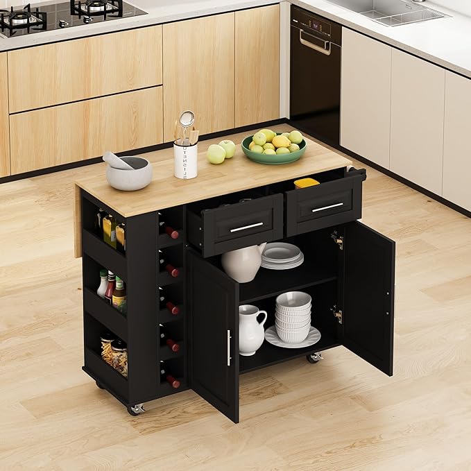 Multi-Functional Kitchen Island Mobile Cart with 2 Door Cabinet,Two Drawers,Spice-Rack,Towel Holder,Wine-Rack,Foldable Rubberwood Table Top,for Dining Room Bar,Black - LeafyLoom