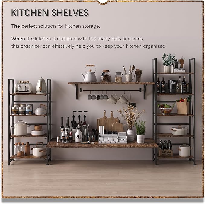 4NM No-Assembly Folding Bookshelf Storage Shelves 4 Tiers Vintage Bookcase Standing Racks Study Organizer Home Office (Rustic Brown and Black) - LeafyLoom
