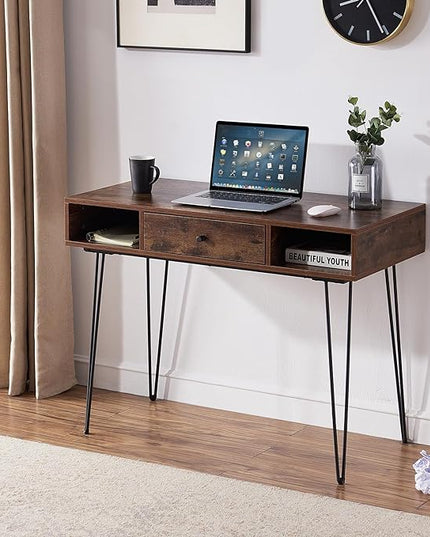 VECELO 39.3" Home Office Work Table with Drawers Computer Desk Writing/Study, 39 Inch Hairpin Legs, Retro Brown - LeafyLoom